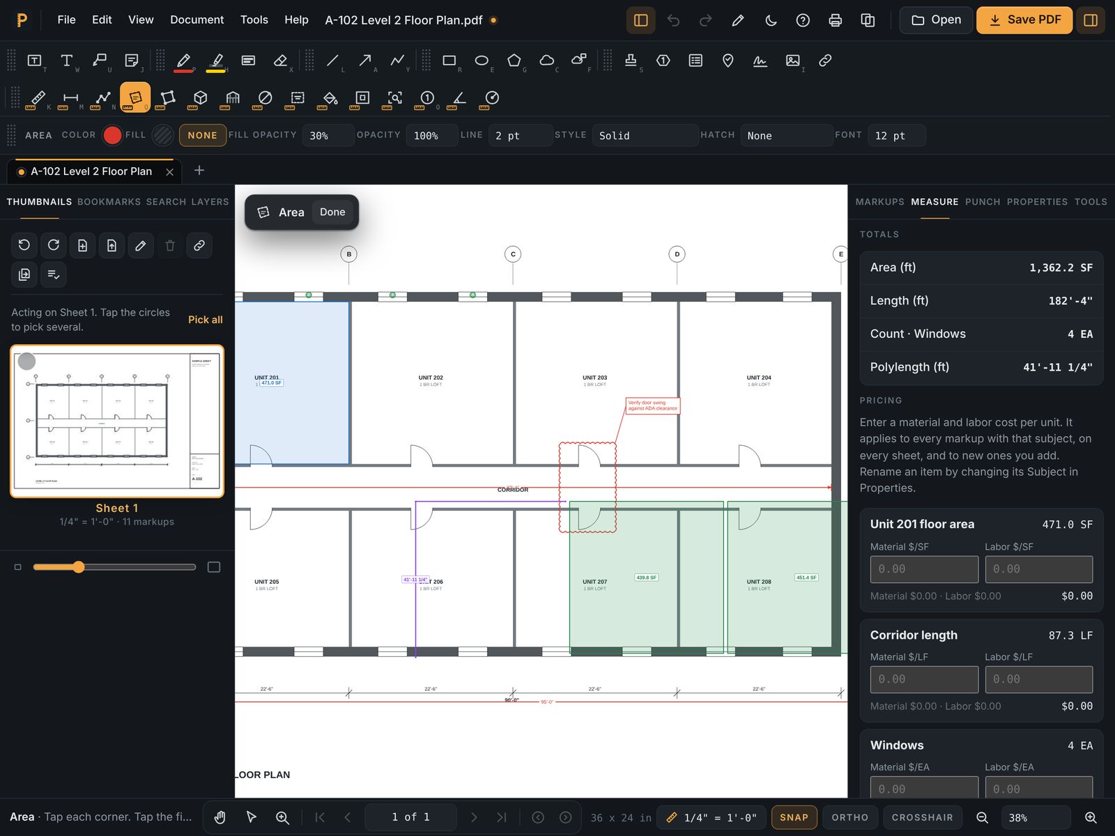 PlanDesk on iPad: a floor plan with area takeoffs, a corridor length and a review cloud, with measurement totals and pricing in the side panel